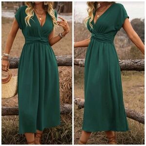 New Flowy Cuffed Dolman Ruched Twist Waist Midi Dress Green